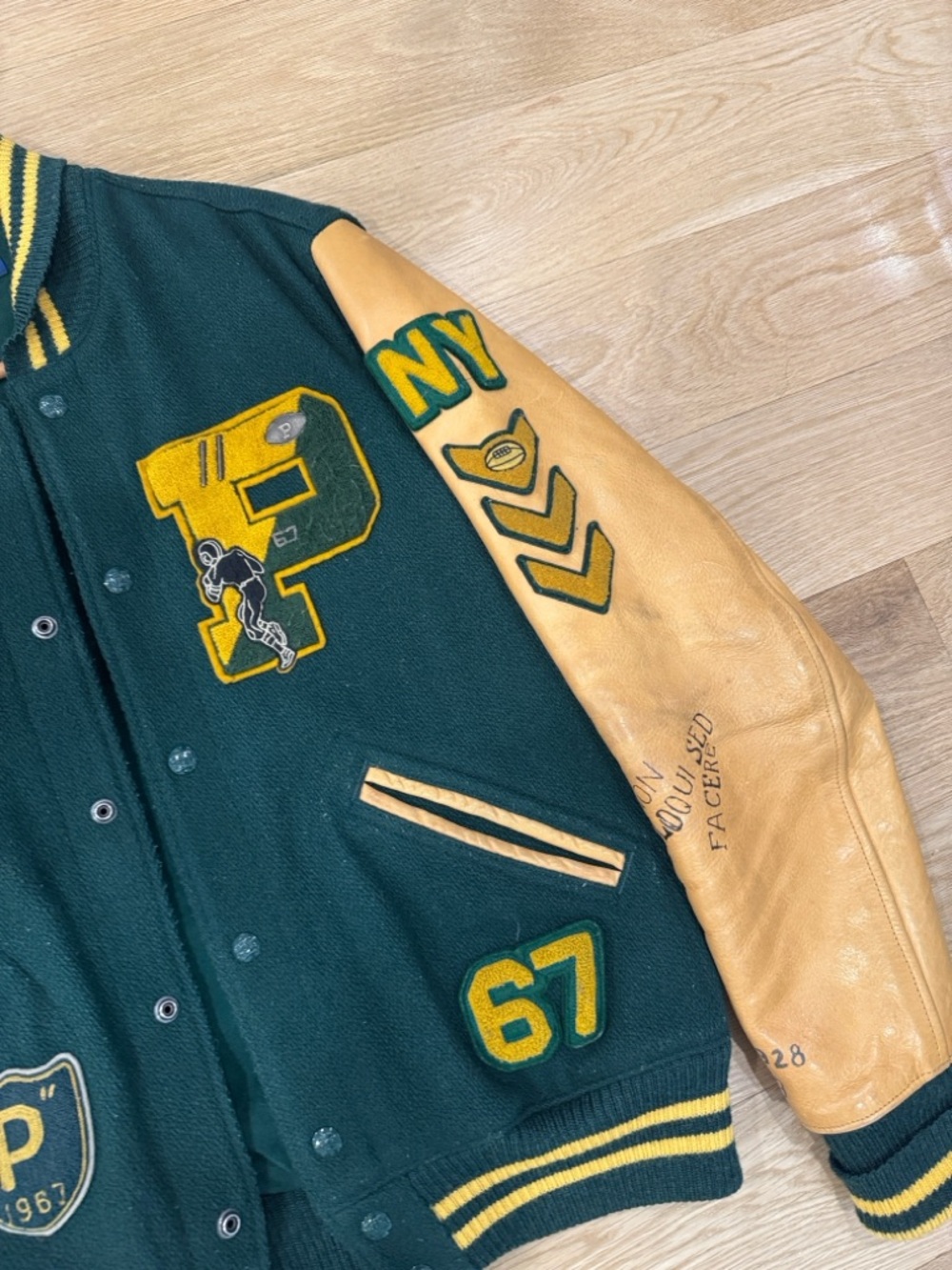 Polo by Ralph Lauren Dark Green & Tan Leather-Sleeve Varsity Jacket - Picture 4 of 5
